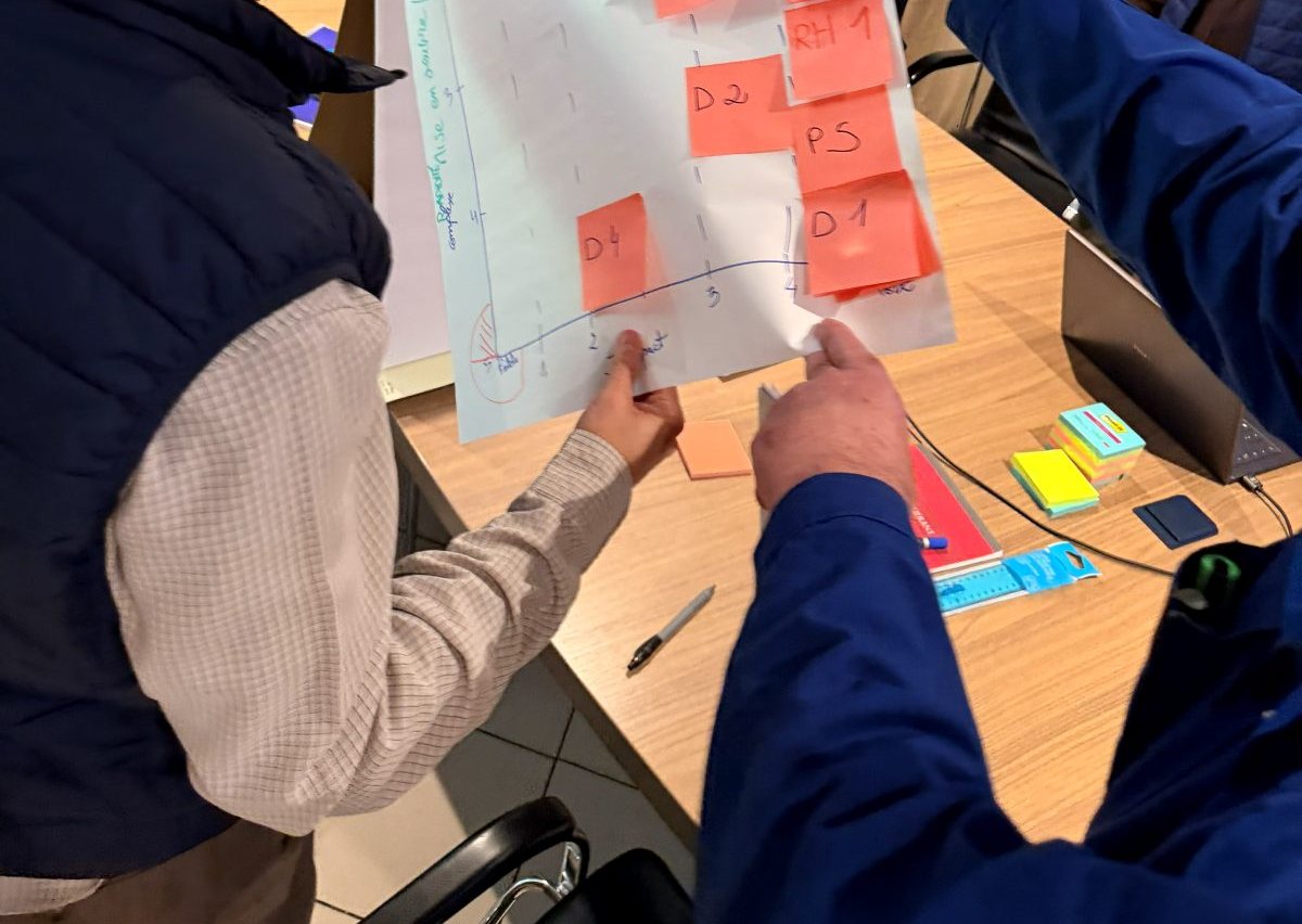 Des participants positionnent des cas d'usage sur la matrice impact et faisabilité lors d'un atelier Fabrique des idées.